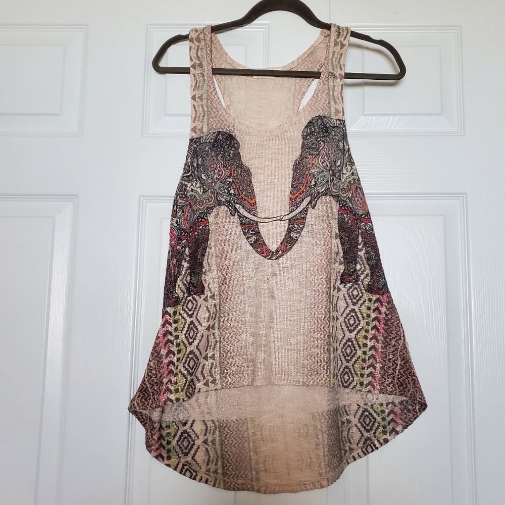 GINGER G ANTHROPOLOGY Medium Eleplany Full Print Boho Design Sheer Tank Top